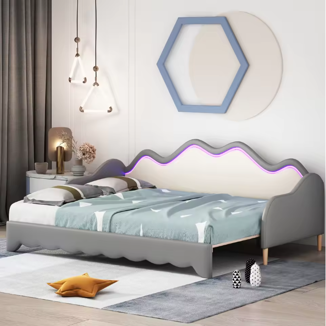 Uitschuifbaar Kinderbed 90x190 cm – Gestoffeerd LED Bedframe / Slaapbank