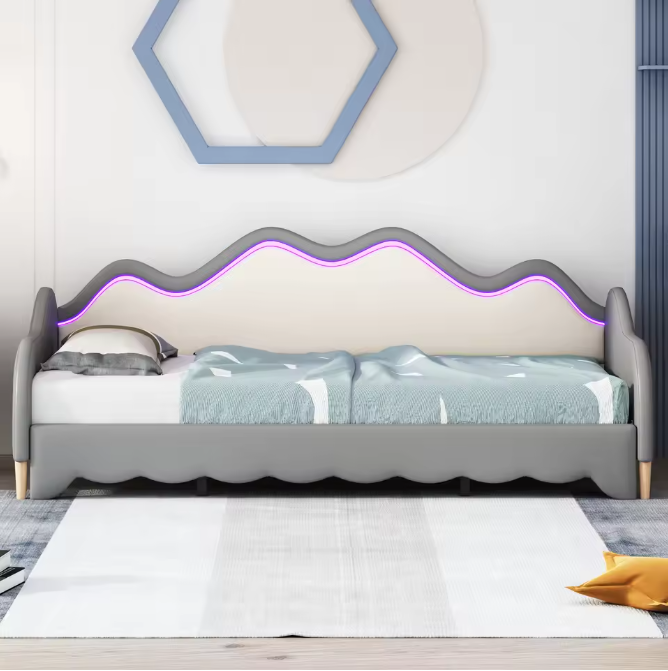 Uitschuifbaar Kinderbed 90x190 cm – Gestoffeerd LED Bedframe / Slaapbank