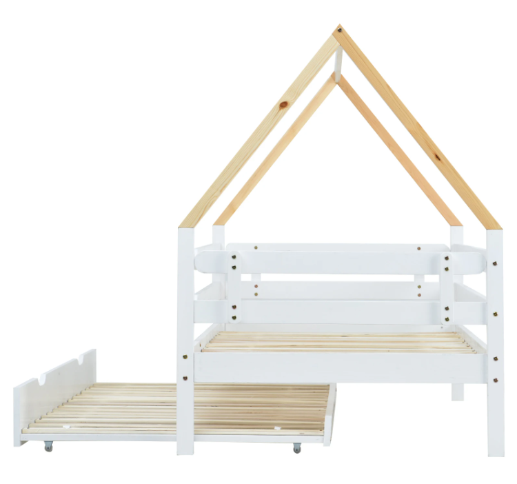 Huisvorm Kinderbed 90x200 cm – Massief Hout met Uittrekbed en Uitvalbeveiliging