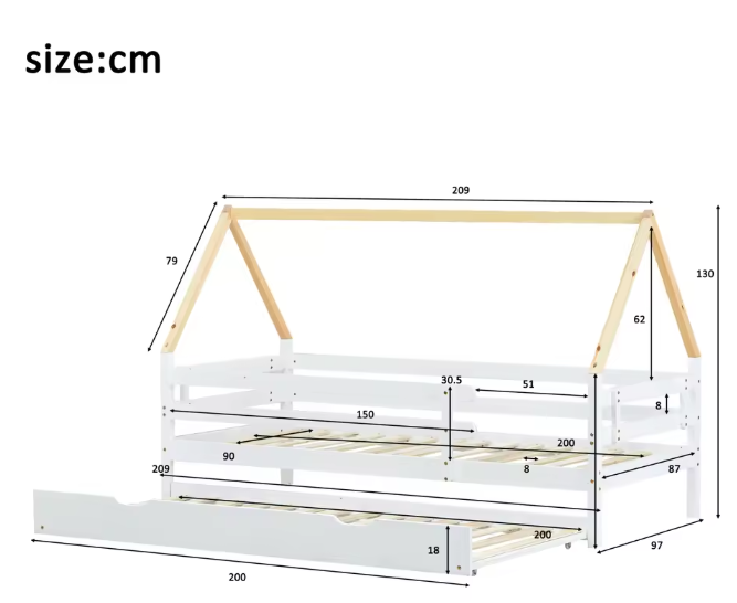 Huisvorm Kinderbed 90x200 cm – Massief Hout met Uittrekbed en Uitvalbeveiliging