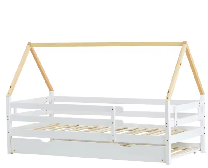 Huisvorm Kinderbed 90x200 cm – Massief Hout met Uittrekbed en Uitvalbeveiliging