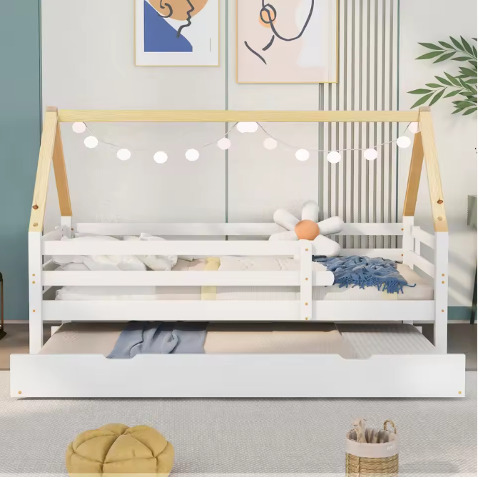 Huisvorm Kinderbed 90x200 cm – Massief Hout met Uittrekbed en Uitvalbeveiliging