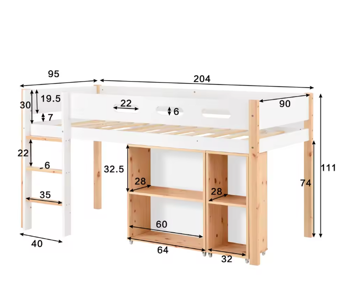 Kinderhoogbed 90x200 cm – Met Valbeveiliging, Trap en Opbergruimte
