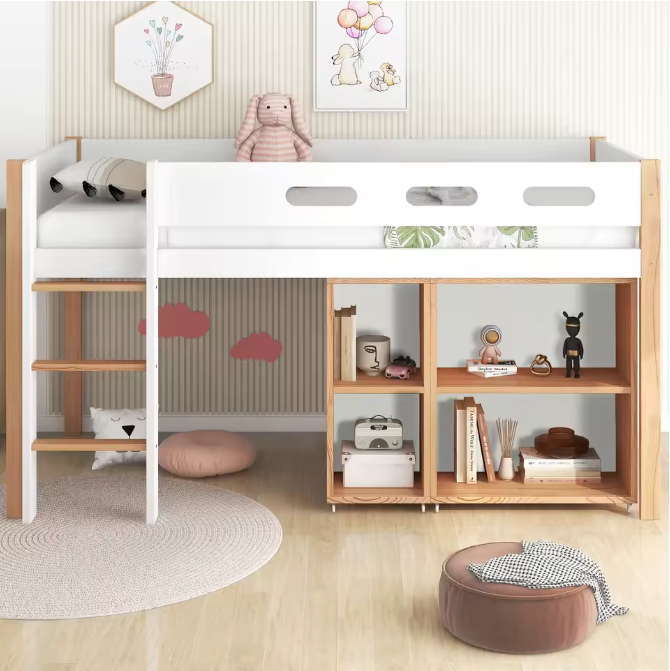 Kinderhoogbed 90x200 cm – Met Valbeveiliging, Trap en Opbergruimte