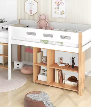 Kinderhoogbed 90x200 cm – Met Valbeveiliging, Trap en Opbergruimte