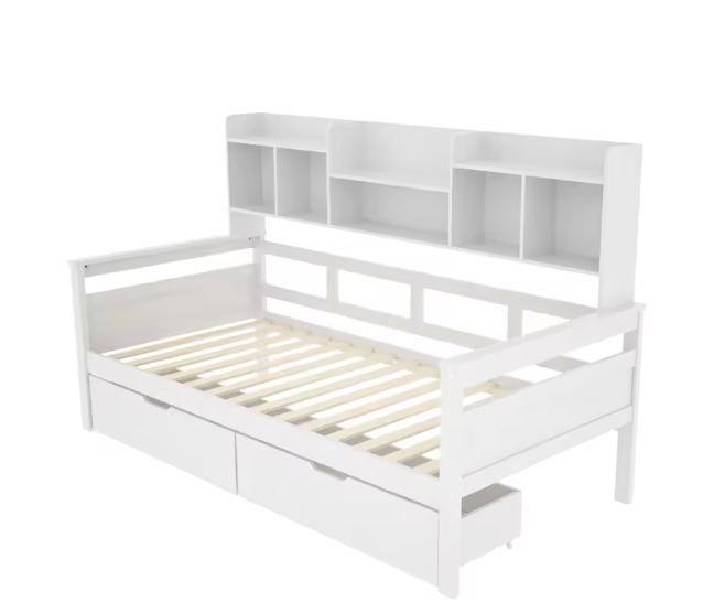 Slaapbank 90x200 cm – Massief Houten Kinderbed met Lades en Planken