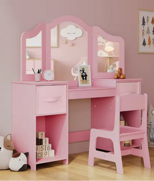 Kinderkaptafel met Stoel – 2-in-1 Make-up Bureau met Driedelige Spiegel