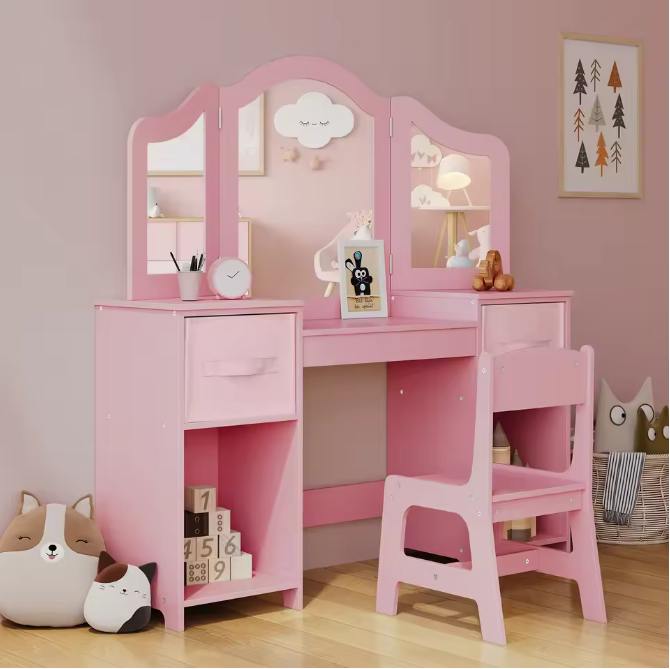 Kinderkaptafel met Stoel – 2-in-1 Make-up Bureau met Driedelige Spiegel