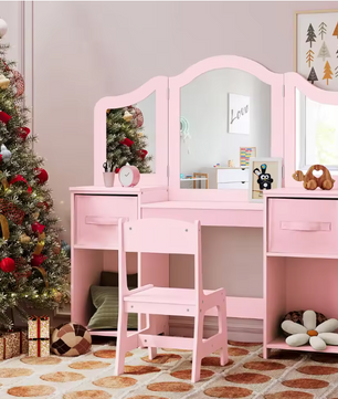 Kinderkaptafel met Stoel – 2-in-1 Make-up Bureau met Driedelige Spiegel