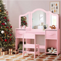 Kinderkaptafel met Stoel – 2-in-1 Make-up Bureau met Driedelige Spiegel