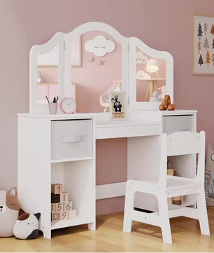 Kinderkaptafel met Stoel – 2-in-1 Make-up Bureau met Driedelige Spiegel