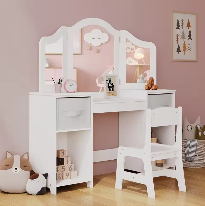 Kinderkaptafel met Stoel – 2-in-1 Make-up Bureau met Driedelige Spiegel