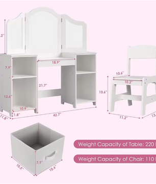 Kinderkaptafel met Stoel – 2-in-1 Make-up Bureau met Driedelige Spiegel