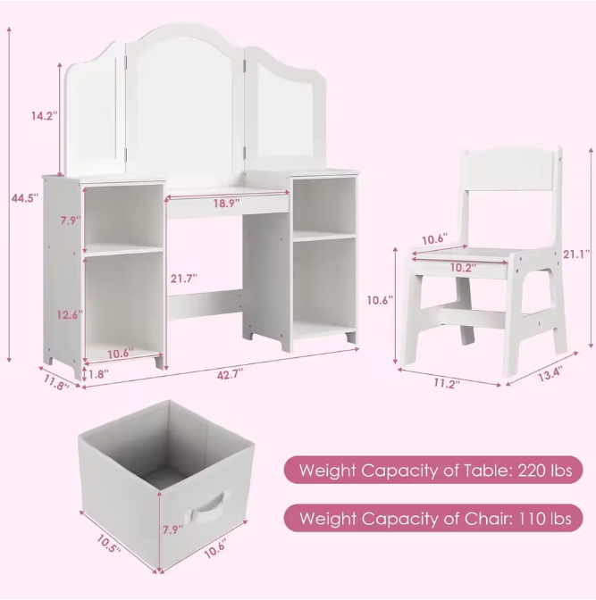 Kinderkaptafel met Stoel – 2-in-1 Make-up Bureau met Driedelige Spiegel