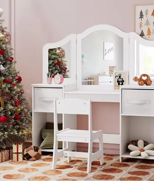 Kinderkaptafel met Stoel – 2-in-1 Make-up Bureau met Driedelige Spiegel