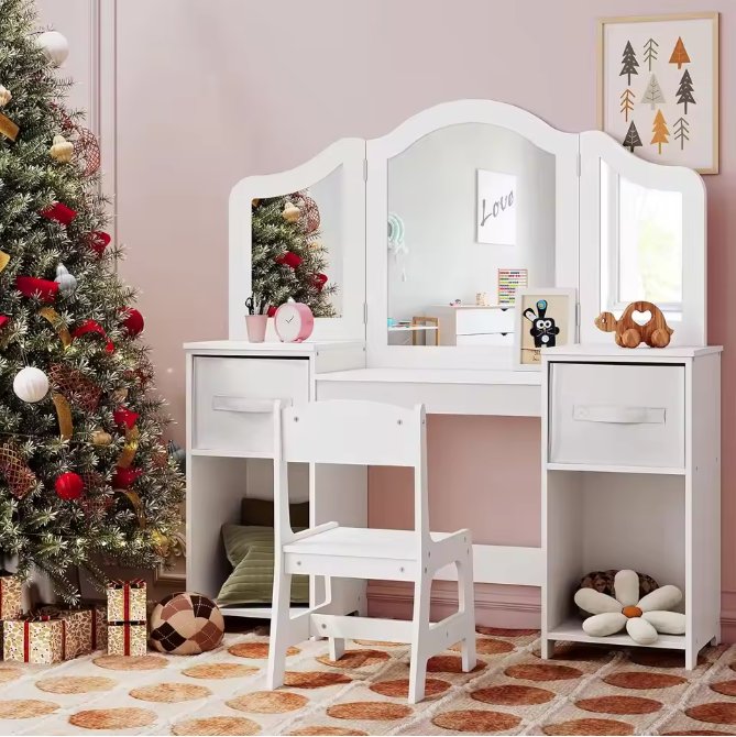 Kinderkaptafel met Stoel – 2-in-1 Make-up Bureau met Driedelige Spiegel
