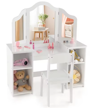 Kinderkaptafel met Stoel – 2-in-1 Make-up Bureau met Driedelige Spiegel