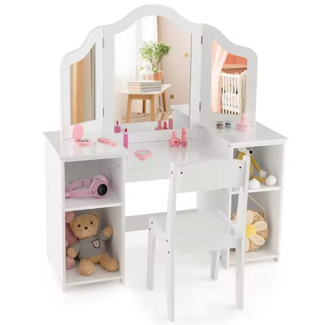 Kinderkaptafel met Stoel – 2-in-1 Make-up Bureau met Driedelige Spiegel