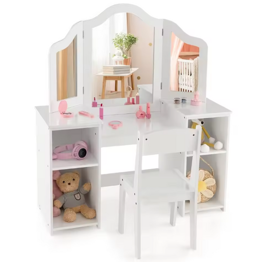 Kinderkaptafel met Stoel – 2-in-1 Make-up Bureau met Driedelige Spiegel