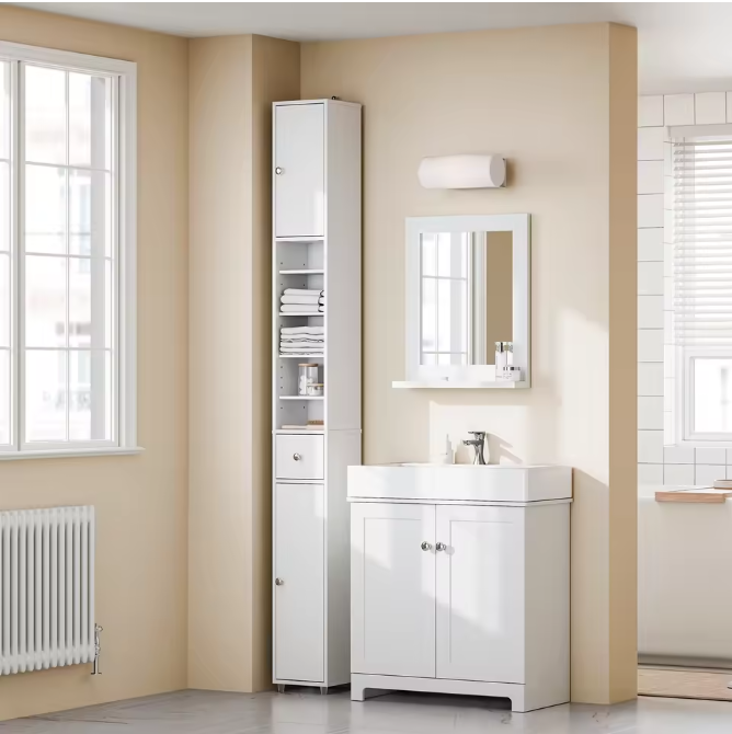 Smalle Hoge Badkamerkast met Lade en Deuren – 5 Vakken