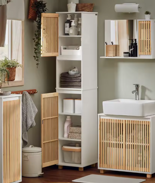 Hoge Smalle Badkamerkast met Open Vak en Bamboe Deuren