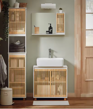 Hoge Smalle Badkamerkast met Open Vak en Bamboe Deuren