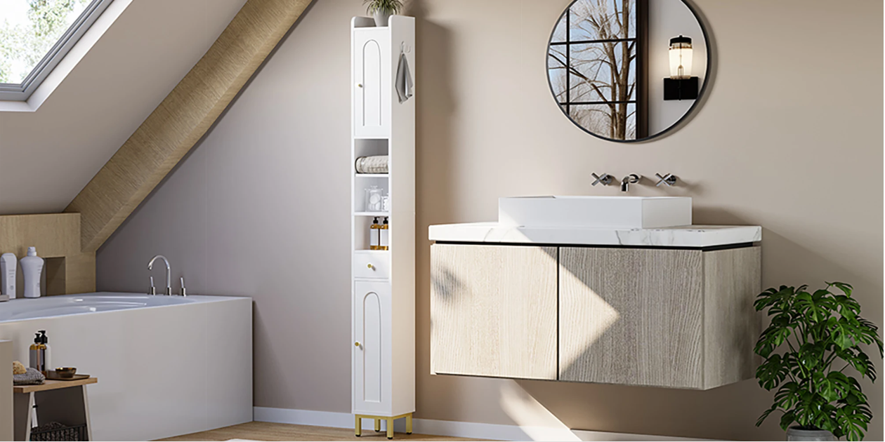 Hoge Smalle Badkamerkast met 2 Deuren, Lade en Open Vak