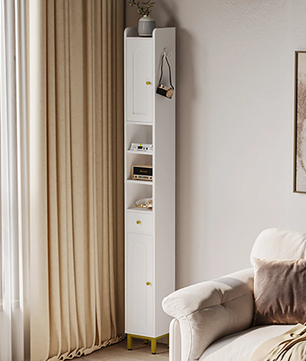 Hoge Smalle Badkamerkast met 2 Deuren, Lade en Open Vak