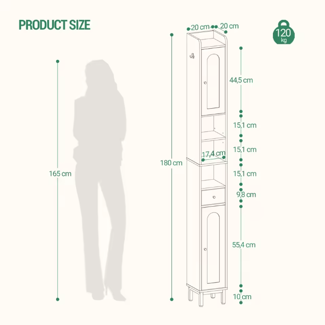 Hoge Smalle Badkamerkast met 2 Deuren, Lade en Open Vak