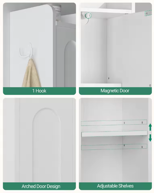 Hoge Smalle Badkamerkast met 2 Deuren, Lade en Open Vak