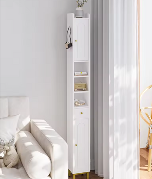 Hoge Smalle Badkamerkast met 2 Deuren, Lade en Open Vak