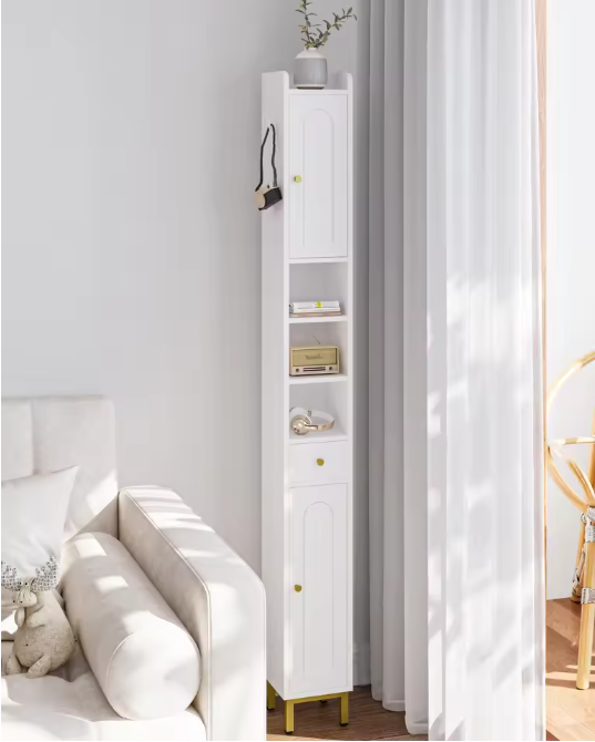 Hoge Smalle Badkamerkast met 2 Deuren, Lade en Open Vak