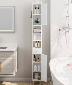 Hoge Smalle Badkamerkast met 2 Deuren, Lade en Open Vak