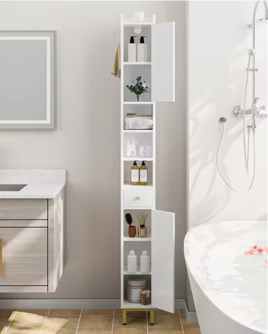 Hoge Smalle Badkamerkast met 2 Deuren, Lade en Open Vak