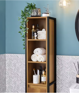 Hoge Badkamerkast met 3 Open Vakken en Deur – Smal Opbergmeubel