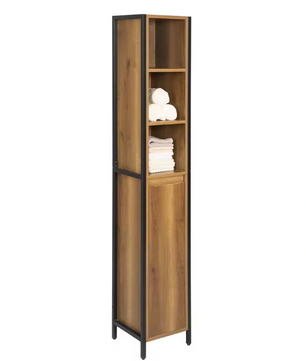 Hoge Badkamerkast met 3 Open Vakken en Deur – Smal Opbergmeubel