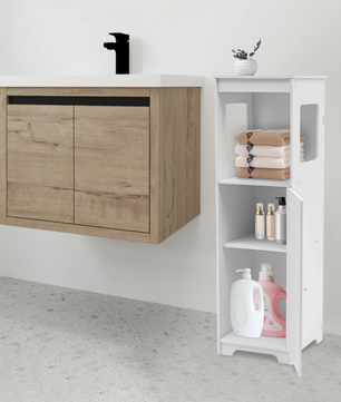 Badkamer Opbergkast met Deur en Planken – Smal Toiletmeubel