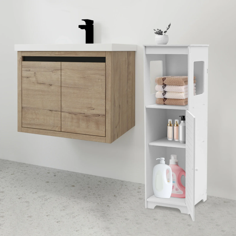 Badkamer Opbergkast met Deur en Planken – Smal Toiletmeubel