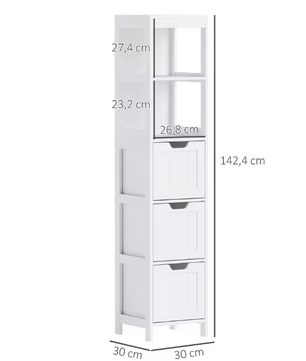 Hoge Badkamerkast met 3 Lades en 2 Open Vakken – Smal Meubel