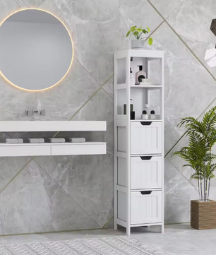 Hoge Badkamerkast met 3 Lades en 2 Open Vakken – Smal Meubel
