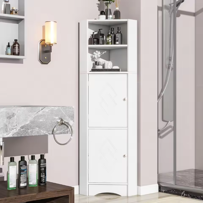 Hoek Badkamerkast met Open Vak en Verstelbare Plank – Wit