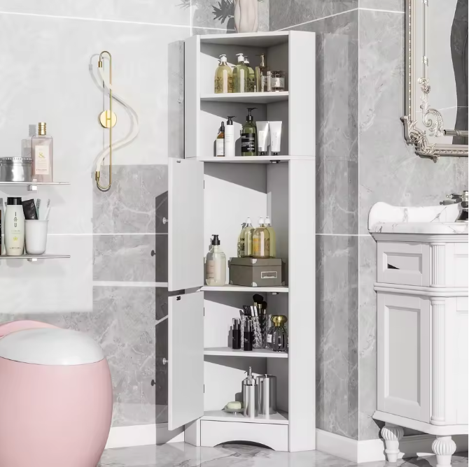 Hoek Badkamerkast met Open Vak en Verstelbare Plank – Wit