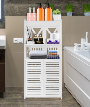 Vrijstaande Badkamerkast met Dubbele Deuren en Planken – Wit