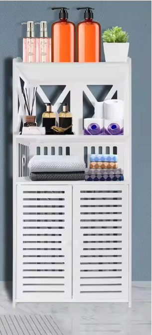 Vrijstaande Badkamerkast met Dubbele Deuren en Planken – Wit