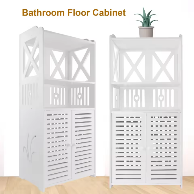 Vrijstaande Badkamerkast met Dubbele Deuren en Planken – Wit