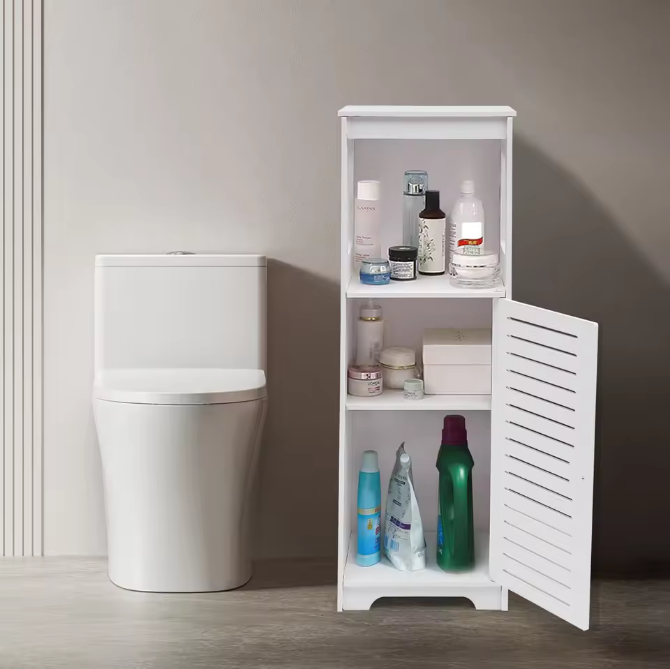Smalle Badkameropbergkast met Deur – 3-Laags Vrijstaande Toiletkast