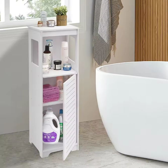 Smalle Badkameropbergkast met Deur – 3-Laags Vrijstaande Toiletkast