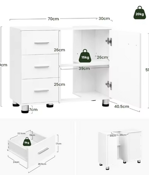 Vrijstaande Wastafelkast met Lades en Deur – Badkamerkast 70 cm
