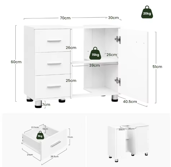 Vrijstaande Wastafelkast met Lades en Deur – Badkamerkast 70 cm