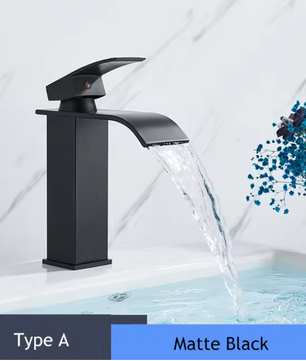 Enkele Handgreep Waterval Wastafelkraan – Mat Zwart, Warm en Koud